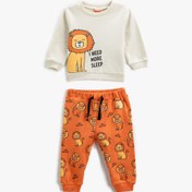 Resim Erkek Bebek Pamuklu Pijama Takımı Aslan Baskılı Sweatshirt ve Beli Lastikli Pijama Altı 2 Parça 