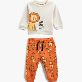 Resim Erkek Bebek Pamuklu Pijama Takımı Aslan Baskılı Sweatshirt ve Beli Lastikli Pijama Altı 2 Parça 