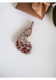 Resim İnci Tavuskuşu Motif Broş Kırmızı 