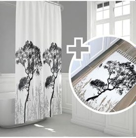 Resim Tropik Home Ağaç Desen Banyo Perde+paspas Seti-kaymaz Taban Kapı Önü Paspas Seti-180x200 Cm Banyo Perdesi Seti 