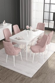 Resim Canisa Roy Serisi 80x132 Mdf Beyaz Masa Takımı Ve 6 Pembe Sandalye 