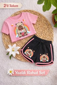 Resim Capybara 2 Baskılı Pembe Crop Siyah Şort Takım 