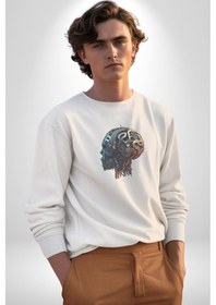 Resim Robot Kafası Kız Unisex Beyaz Baskılı Sweatshirt Beyaz 