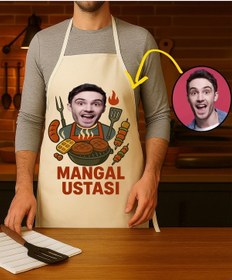 Resim Kişiye Özel Karikatür Fotoğraflı Mutfak Önlüğü Mangal Ustası Krem 