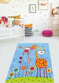 Resim Pelangi Neşeli Çocuk ve Hayvan Sevgisi Zürafa Yıkanabilir Kaymaz Taban Leke Tutmaz Çocuk Odası Halısık, Turuncu-Mavi 60 x 200, 7642010602001 