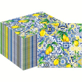Resim 20 Adet Vintage Limon Parti Peçeteleri - Tek Kullanımlık Kağıt Misafir Havluları, Sarı & Mavi Çiçek Desenli, 2 Katlı Doğum Günü ve Genel Kutlamalar İçin, Limonata Standı Malzemeleri 