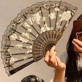 Resim Globalbloom Siyah Zarif Vantilatör Vintage Gül Dantel Katlanır El Yapımı Düğün Dans Fotoğrafçılık Hediyesi 