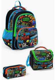 Resim High Kids Siyah Mavi Grafiti Desenli 3'lü Okul Çanta Seti Set0114415 