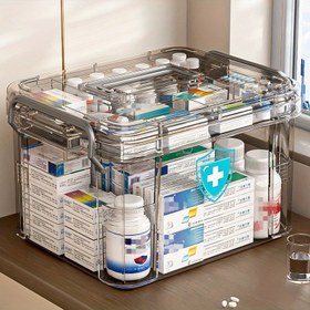 Resim Çift Katmanlı Su Geçirmez İlaç Düzenleyici Kutu Çoklu Bölmelerle - Ev ve Yatak Odası İlk Yardım Malzemeleri, Vitaminler ve İlaçlar için Şeffaf Plastik Depolama, İlaç Saklama Kutusu 
