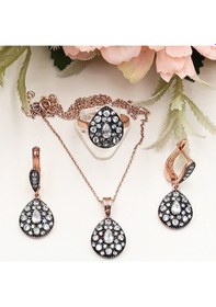 Resim Elmas Montürlü Damla Taşlı Damla Set Rose Gold - Gümüş 