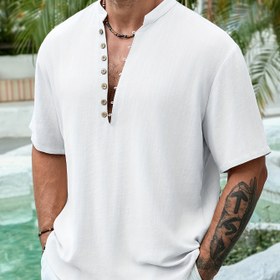 Resim Erkekler için büyük beden rahat Henley gömlek - Nefes alabilen rayon, düğme detaylı düz renk, derin V-yaka, kısa kollu, yaz moda, hafif dokulu, rahat fit, çok yönlü tarz, rahat giyim | Henley yaka gömlek | Nefes alabilen rayon 