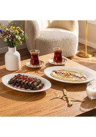 Resim Porsima 4440 Gardenya Porselen Altın Fileli Kayık Tabak Seti - Oval Kahvaltılık Sunumluk Seti 30cm Beyaz 