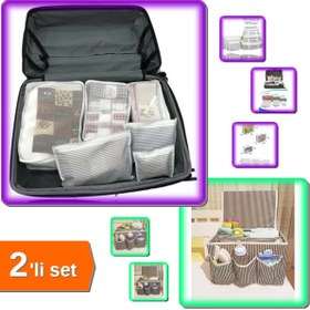 Resim HerEveOyuncak Gri - Beyaz Çizgili 6 Parça Anne Bebek Çantası Düzenleyici + 5 Bölmeli Başucu Organizer - 2li Set J5 