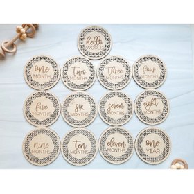Resim AŞKTOPLARIM Bebek Fotoğrafları Için Rattan Temalı Ahşap Aylık Anı- Hatıra Kartı Diskleri | Bebek Hediyelik 