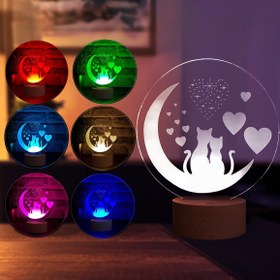 Resim BY-LAMP Kediler Ve Aşk Gece Masa Lambası Ahşap Taban 7 Farklı Işık Renkli Gece Lambası Dekoratif Aydınlatma 
