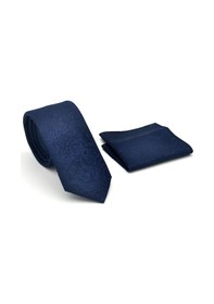 Resim Gaffy Şal Desenli Lacivert Dokuma Kumaş Mendilli Slim Fit Kravat // Sdk-2506-2 Lacivert 