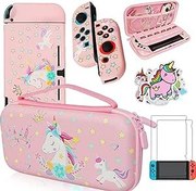 Resim Pembe Unicorn Taşıma Çantası, Nintendo Switch (OLED veya Lite) ile Uyumlu, Yerleştirilebilir Koruyucu Kavrama Kılıfı + Ekran Koruyucu + Unicorn Çıkartmaları, Sert Saklama Kılıfı Aksesuar Seti Kızlar için Paketi 