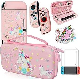 Resim Pembe Unicorn Taşıma Çantası, Nintendo Switch (OLED veya Lite) ile Uyumlu, Yerleştirilebilir Koruyucu Kavrama Kılıfı + Ekran Koruyucu + Unicorn Çıkartmaları, Sert Saklama Kılıfı Aksesuar Seti Kızlar için Paketi 