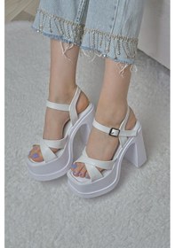 Resim Asmi Shoes Kadın Çapraz Bantlı 12 Cm Platformlu Topuklu Ayakkabbı Beyaz Beyaz 