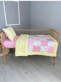 Resim %100 Pamuk Kırk Yama Çift Katlı Yorgan Seti Pembe Kuş 