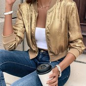 Resim Her Gün Rahatlık, Şık Kadınlar için Pembe Metalik Bomber Ceket - Uzun Kollu, Fermuarlı ve Beyzbol Yaka, Polyester Karışımı, Bahar & Sonbahar Modası için Makinede Yıkanabilir, Parlak Bitişli Ceket|Polyester Karışımı Ceket 