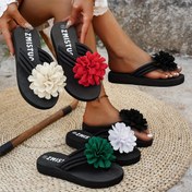 Resim Kadınların Çiçekli Terlikleri - Yaz Plaj Sandaletleri EVA Tabanlı, Siyah Kumaş Üst ve Renkli Çiçek Detayları ile, Rahat Kayma Flip Flop'lar, Günlük Giyim için Plaj Ayakkabıları 