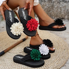 Resim Kadınların Çiçekli Terlikleri - Yaz Plaj Sandaletleri EVA Tabanlı, Siyah Kumaş Üst ve Renkli Çiçek Detayları ile, Rahat Kayma Flip Flop'lar, Günlük Giyim için Plaj Ayakkabıları 