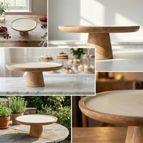 Resim Mango Ağacı Ayaklı Kek Standı ve Sunum Tabağı - Krem Iç Yüzeyli Doğal Ahşap Pasta Servisliği - 30 cm Çapında Dekoratif Yükseltici ve Peynir Tabağı 