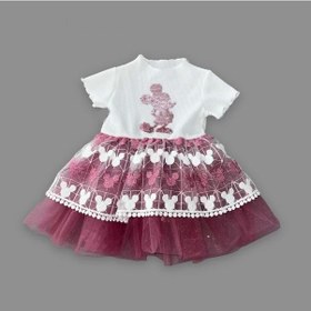 Resim 1-2-3 Yaş Payetli Mickey Baskılı Brode Etekli Kız Bebek Elbisesi Rose Rose 