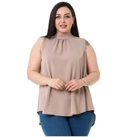 Resim Büyük Beden Yakası Arkadan Düğmeli Dik Yaka Dökümlü Kolsuz Vizon Bluz-Vizon 