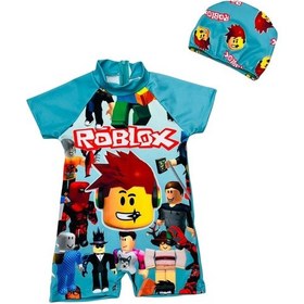Resim Roblox Baskı Desen Çok Renkli Kısa Kollu Şortlu Mayo Ve Bone Takımı 2'li Set Sırt Fermuarlı Yeşil 