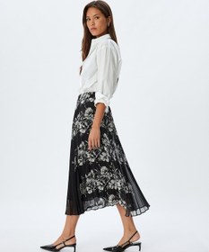 Resim Koton Çiçekli Pileli Etek Midi Boy Standart Bel Astarlı Siyah Desenli 5wak70069uw Siyah Desenli Siyah 