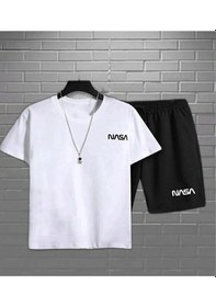Resim Hırsch Unisex Beyaz Üst Siyah Alt Nasa Baskılı Şort T-shirt Takım Beyaz 
