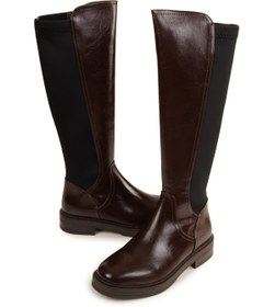 Resim Eray Kadın kahverengi konç esnek kumaş detaylı diz altı çizme 