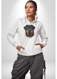 Resim Rottweiler Koca Kafa Kadın Erkek Beyaz Kapüşonlu Sweatshirt Hoodie Beyaz 