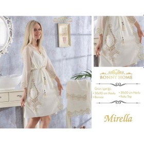 Resim Mirella Krem Bayan Fransız Dantelli Balayı Çeyizlik Bornoz Seti Krem 
