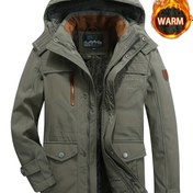 Resim Erkek Kışlık Sıcak Kapüşonlu Mont, Rahat Stil, Düz Renk, Polyester %100, Esnek Olmayan Kumaş, 160g/m² Ağırlık, Polar Astarlı Kalınlaştırılmış, Çok Cepli, Normal Kalıp, Dokuma Dış Giyim 