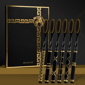 Resim 6 Paket Premium Siyah ve Altın Desenli Saplı Diş Fırçaları - Yumuşak Naylon Kıllarla Tam Başlı Nazik Temizlik, Kokusuz Manuel Diş Fırçası Seti Yetişkinler İçin - Unisex, Şık Hediye Kutusu Dahil 