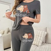 Resim Sevimli Ayı Desenli Kısa Kollu Üst ve Pantolon Pijama Takımı - Kadınlar için Yumuşak Polyester, Günlük Yaka, Tüm Mevsimler İçin Uygun Uyku Giyimi, Günlük Giyim için Mükemmel, Sevimli Pijamalar 