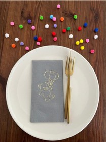 Resim Gold Yaldızlı Gri Sevimli Ayı Baskılı Garson Katlama Peçete 16 Adet 