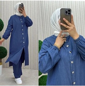 Resim chize Kot Kumaş Düğme Detaylı Uzun Tunik Tesettür Alt Üst Takım 