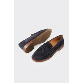 Resim Elle Lacivert Deri Kadın Günlük Loafer 