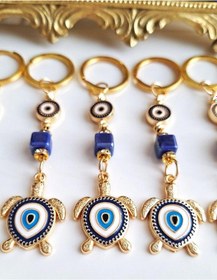 Resim Lüks Hediyelik 5'li Nazar Boncuklu Kaplumbağa Detaylı Lacivert Anahtarlık 