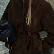 Resim Kadın Retro Ceket - Kemerli Bel Detaylı Şık Kahverengi Mont, Yapılandırılmış Esnemeyen Kumaş, Sonbahar/Kış için Düğmeli Ön Kapama, Ofis, Parti, Günlük Kombinler - Kadın Dış Giyim Ceketi, Bayan Ceketi, Kış Modası, Klasik Tasarım, deri mont, kadın ceket, deri mont kadın, mont kadın, ceket kadın, kadın deri c 