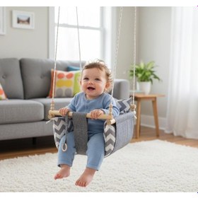 Resim Ahşap Çocuk & Bebek Salıncağı Gri Renk Minder Yastık Ve Diş Halkalı Tavan Salıncak 