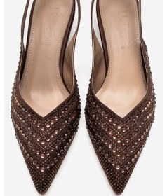 Resim Luvishoes Royale Kahverengi Saten Taşlı Kadın Kısa Topuklu Abiye Ayakkabı 