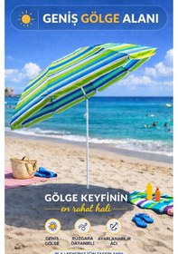 Resim Çizgili Mavi-yeşil 170 Cm Ayarlanabilir Polyester Ekose Kumaş Plaj Şemsiyesi Yeşil-mavi-beyaz 