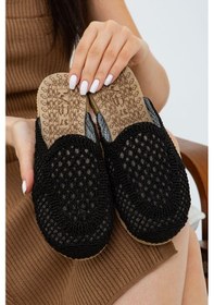 Resim Siyah Önü Kapalı Hasır Örgü Dış Mekan Ve Ev Terliği - Siyah 