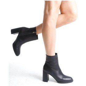 Resim Mubiano Hakiki Deri Collection Kadın Fermuarlı Yuvarlak Burun Kalın Topuklu Kısa Bot Siyah - Mcalm4221 - S Siyah 