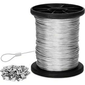 Resim 10 Metre / 393.7 İnç / 33FT + 10 Alüminyum Sleeves, 30 Metre / 1181 İnç / 100FT + 20 Alüminyum Sleeves, 1.0MM / 0.4 İnç çapında, 304 Paslanmaz Çelik Tel Halatından Yapılmış, 7X7 Paslanmaz Çelik Sarmalı ve Çift Tüp Sleeves Özellikli, Dış Mekan Asma, Çamaşır İpleri, Bahçe Çitler, Çeşitli Asma İpleri Kullanımları ve Tatil Partileri için Dekorasyonlar, Sevgililer Günü Kurulumları Dahil. 